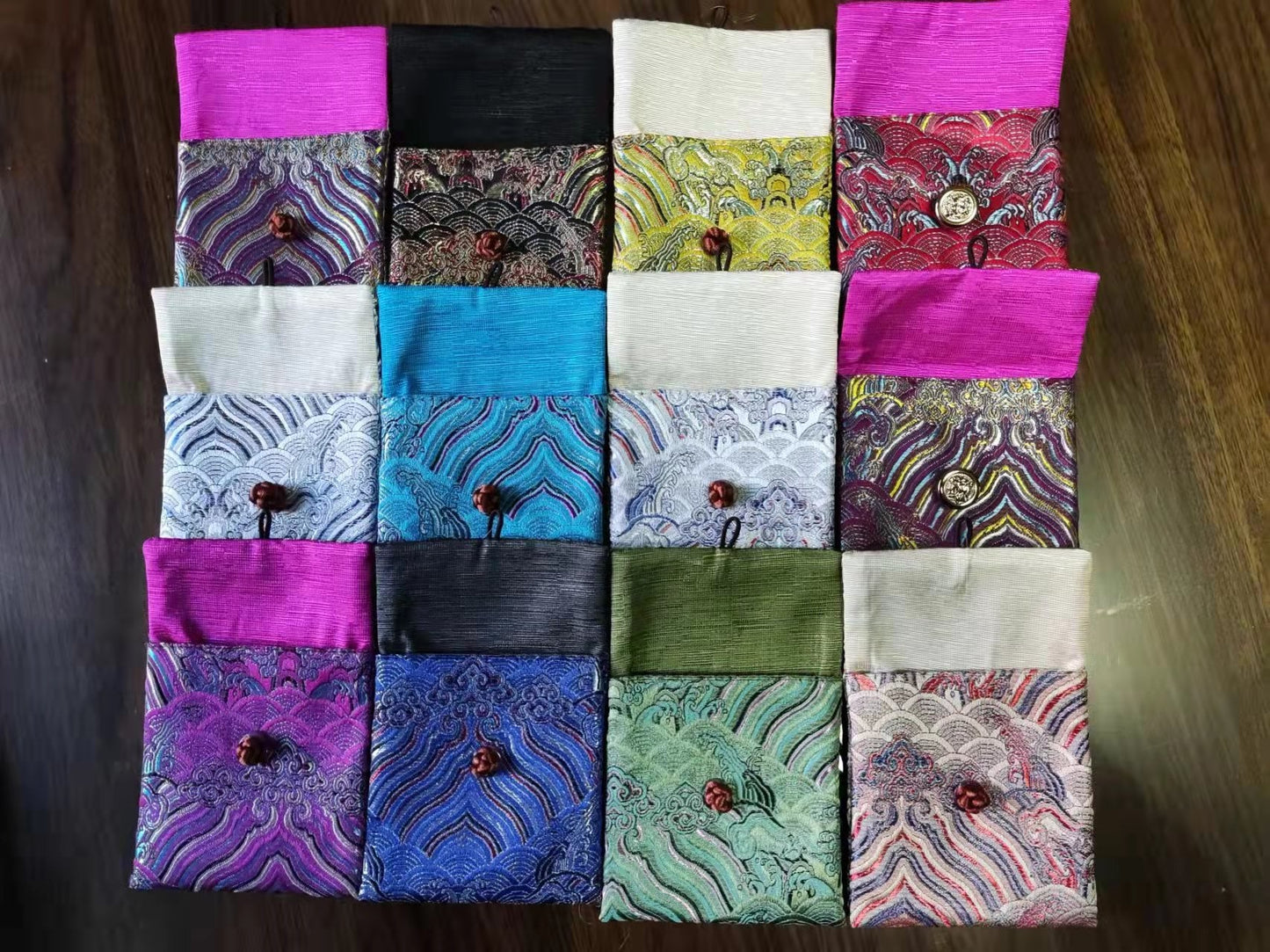 4x4" Colorful Chinese Sea Wave Silk Rosary Grab Bag Pouch Money Coin Wallet with Knotted Button Traditional Jewelry Gift Packaging