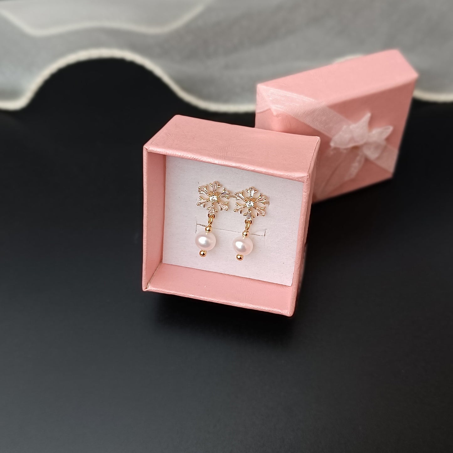 Boucles d'oreilles en perles d'eau douce naturelles, usage quotidien, 14K GF CZ, flocon de neige, clou d'oreille pendant