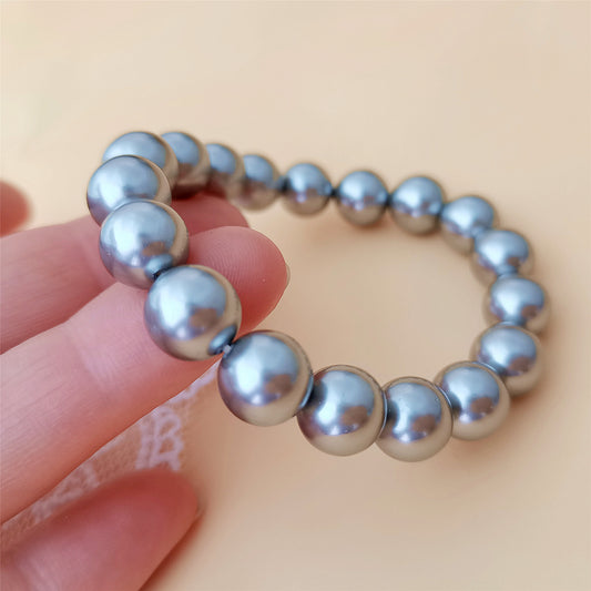 High Quality 10MM Gray Shell Pearl Bracelet 7" South Sea Beaded Elastic Bangle