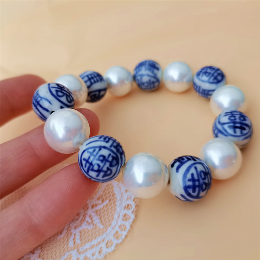 14MM White Shell Pearl Ceramics Bracelet 7" South Sea Beaded Elastic Bangle