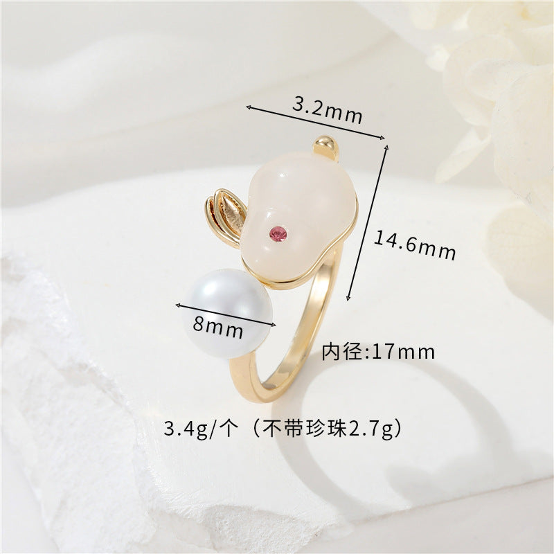 2 Statement-Ringe mit offenem Kreis aus Kunstharz und Hasenmotiv, mit Strasssteinen verziert, 14-karätiges GF