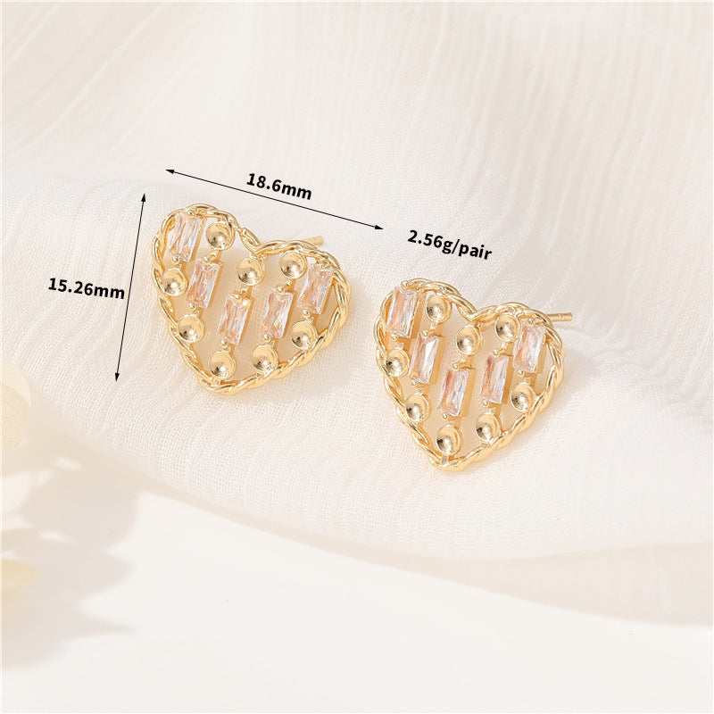 4 boucles d'oreilles à tige en forme de cœur rond creux, ornées de strass, 14K GF, boucles d'oreilles à moitié percées, perle vierge