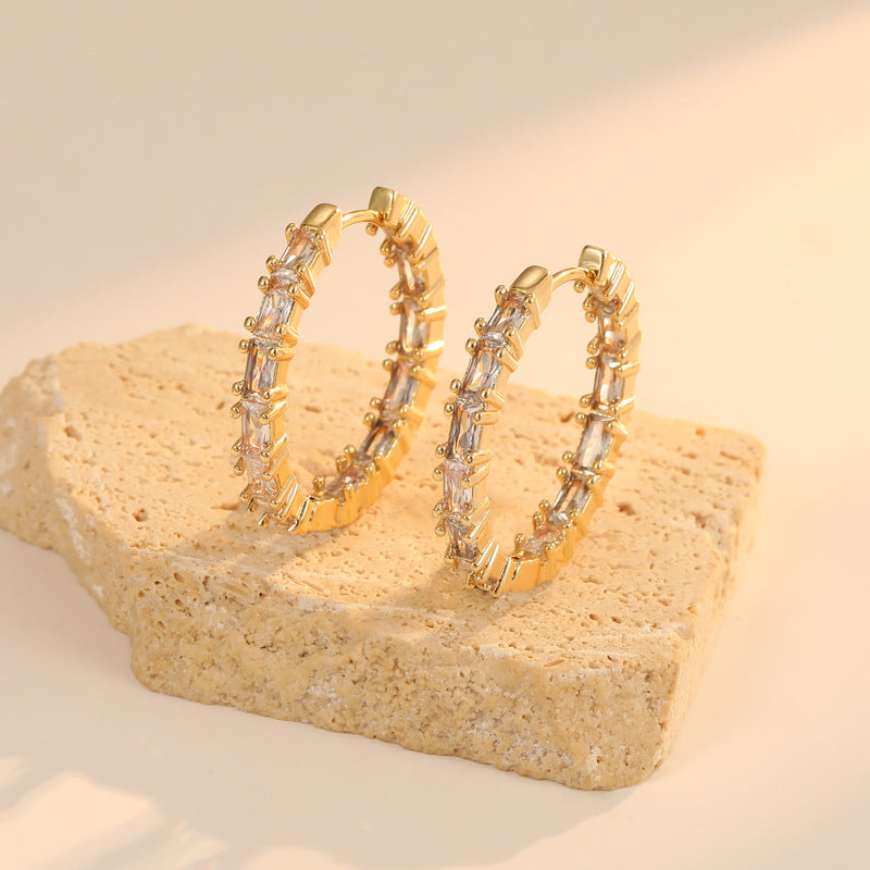 4 boucles d'oreilles rondes trapézoïdales rectangulaires ornées de strass 14K GF