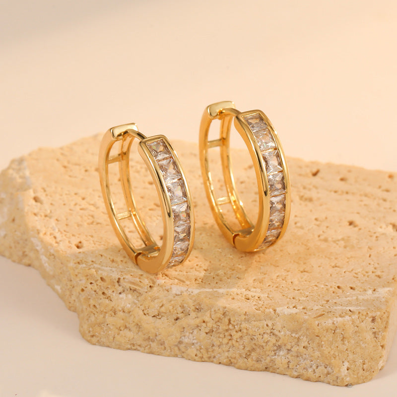 4 Round Hoop Earrings Trapezoid Rectangle Rhinestone Embellished 14K GF Earing
