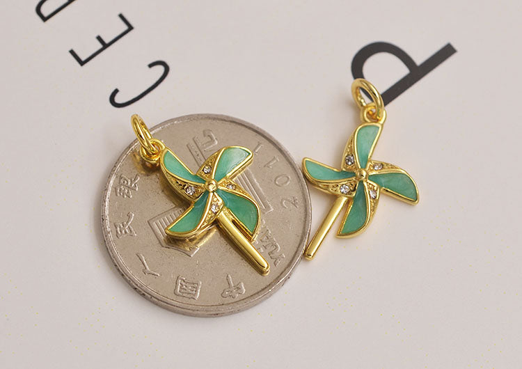 Sterling Silver Rhinestone Embellished Enamel Epoxy Windmill Charm Pendant S925 Finding