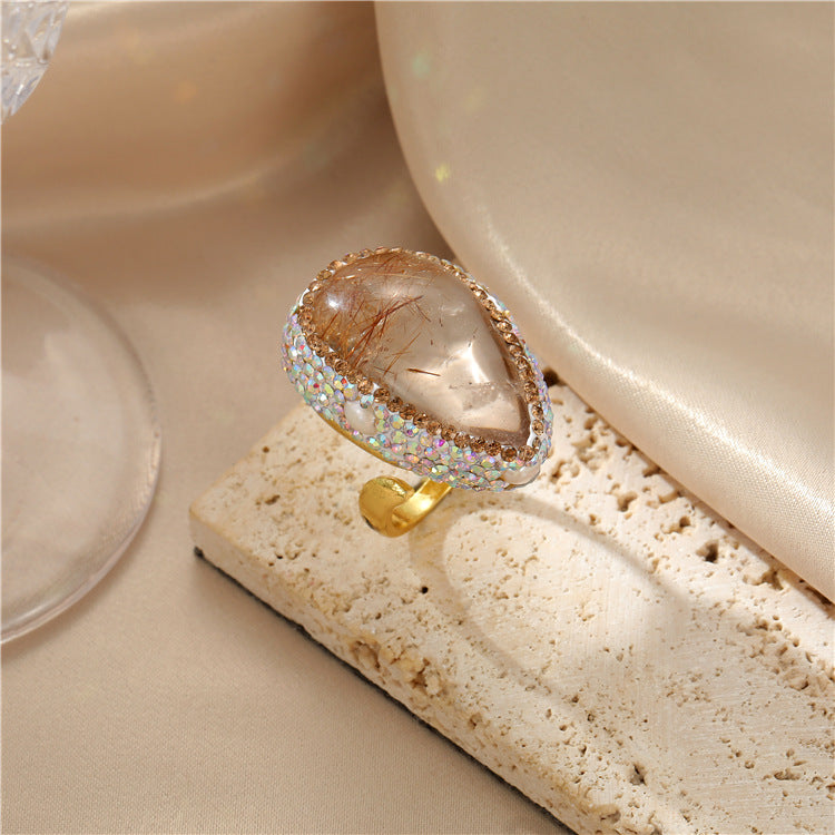 2 bague de déclaration en pierre naturelle à cercle ouvert, coquille de perle, Amazonite, Turquoise, Quartz rutilé, 14K GF