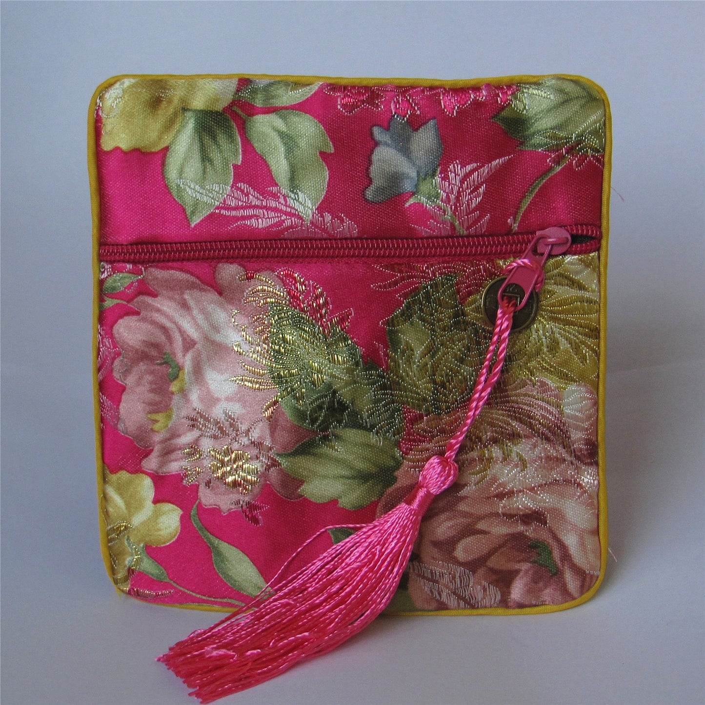 4x4" Colorful Floral Chinese Silk Pouch Pocket Money Coin Bag with Zip Grab Bag Rosary Bead Traditional Packaging Bags for Jewelry Gift