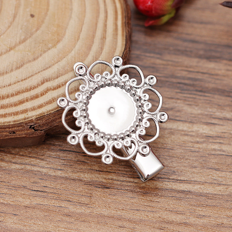 20 Floral Edge Bezel Cup Alligator Hairclip 18KGP 12mm Round Cabochon Blank Base Gemstone Setting