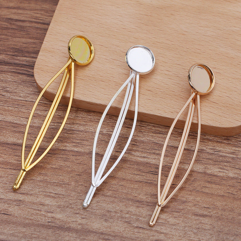 30 Plain Edge Bezel Cup Straight Hair Clip Hairpin 18KGP 12mm Round Cabochon Blank Base Gemstone Piece Setting