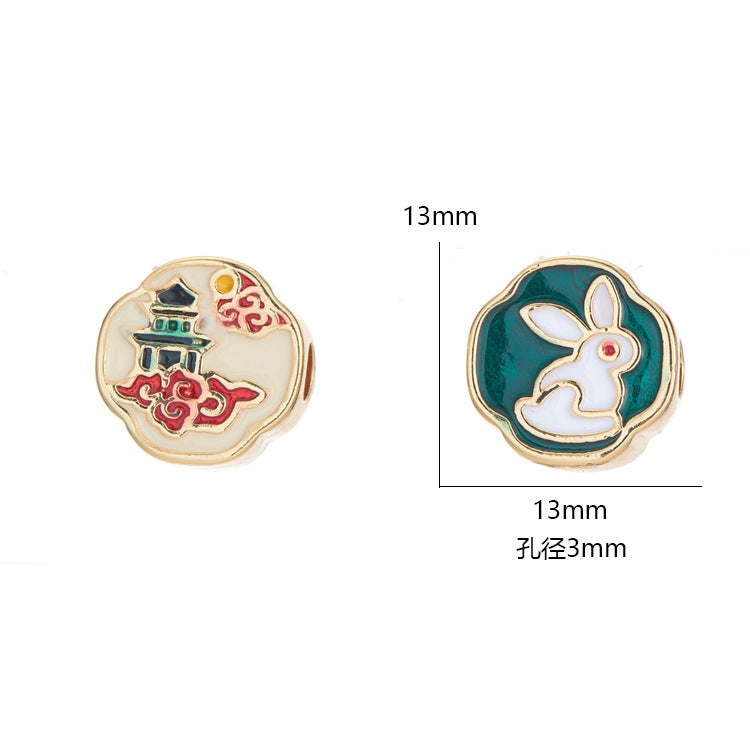 2 Octagon Rabbit Moon Palace Charm Bead Emaille Epoxy 14K GF Beadwork Spacer