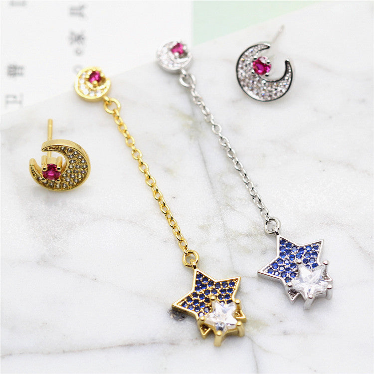 3 paires de boucles d'oreilles à breloques lune et étoile ornées de strass 14K GF