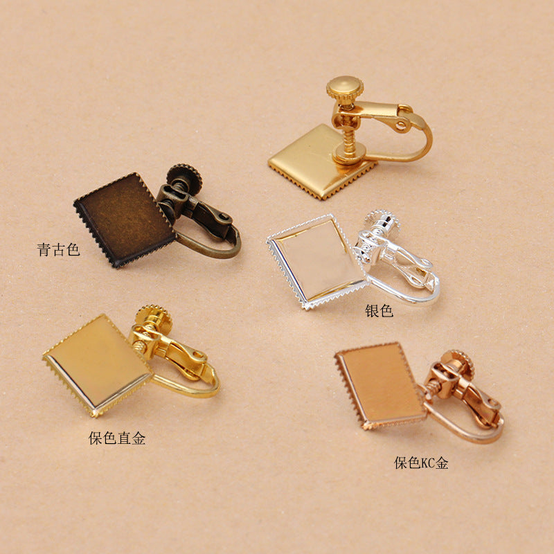 100 Serrated Edge Bezel Cup Ear Cilp On No Piercing Earrings 18KGP 10x10mm Square Cabochon Blank Base Gemstone Setting