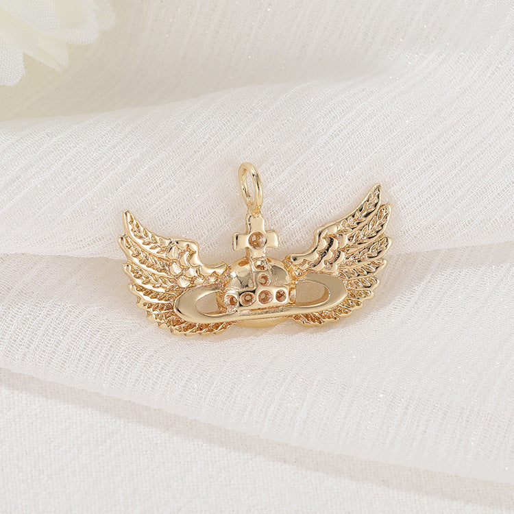 Pendentif à breloque aile d'ange 2 croix orné de strass 14K GF