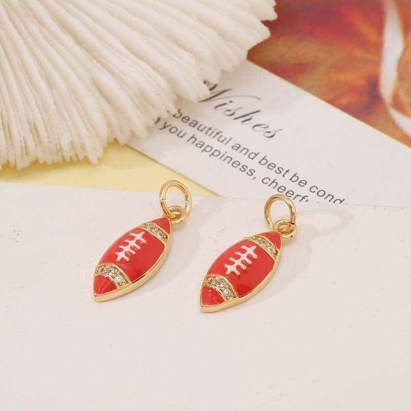 2 American Football Helmet Ball Charm Pendant Enamel Epoxy 14K GF Rhinestone Embellished