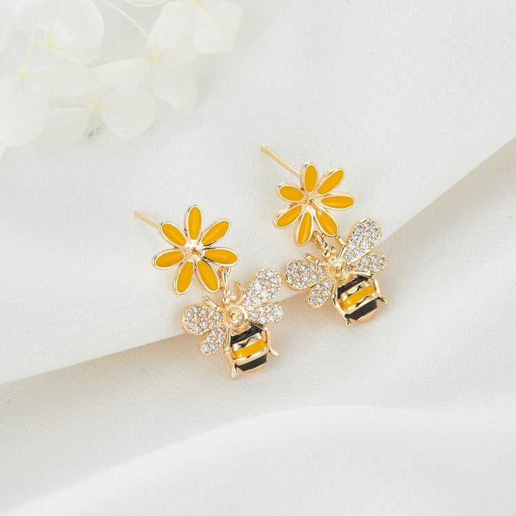 Boucles d'oreilles à tige florales en forme de marguerite, 4 abeilles, émail époxy 14K GF, ornées de strass