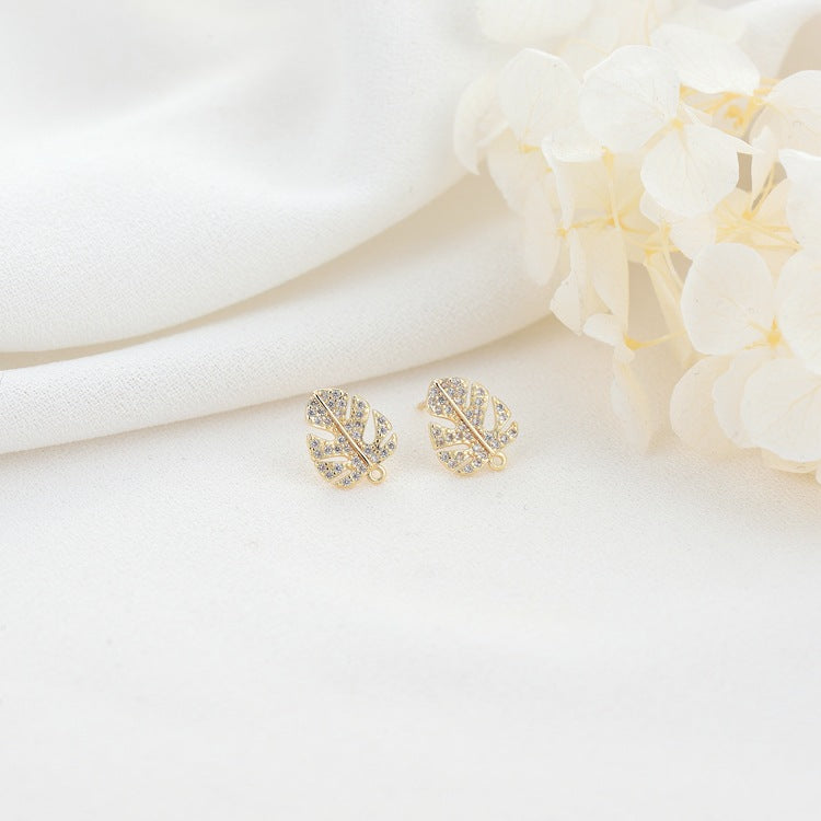Boucles d'oreilles à tige en forme de feuille, 4 cercles carrés, avec boucle, ornées de strass, 14 carats, GF