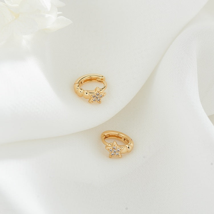 Boucles d'oreilles créoles rondes lune 4 étoiles ornées de strass 14K GF