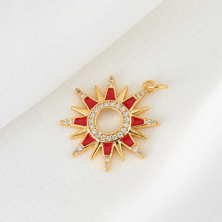 2 Sun Charm Pendentif Émail Epoxy 14K GF Strass Embelli