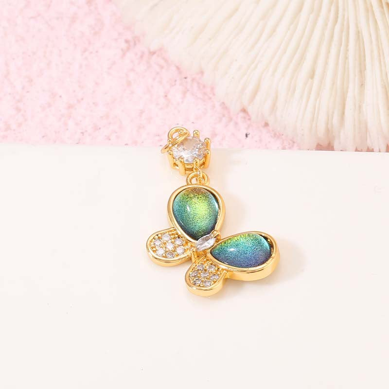 2 Butterfly Charm Pendant Resin Rhinestone Embellished 14K GF