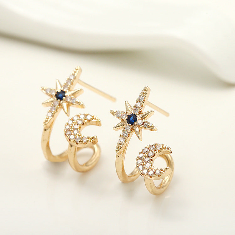 Boucles d'oreilles à tige demi-cercle planète lune 4 étoiles, ornées de strass 14K GF