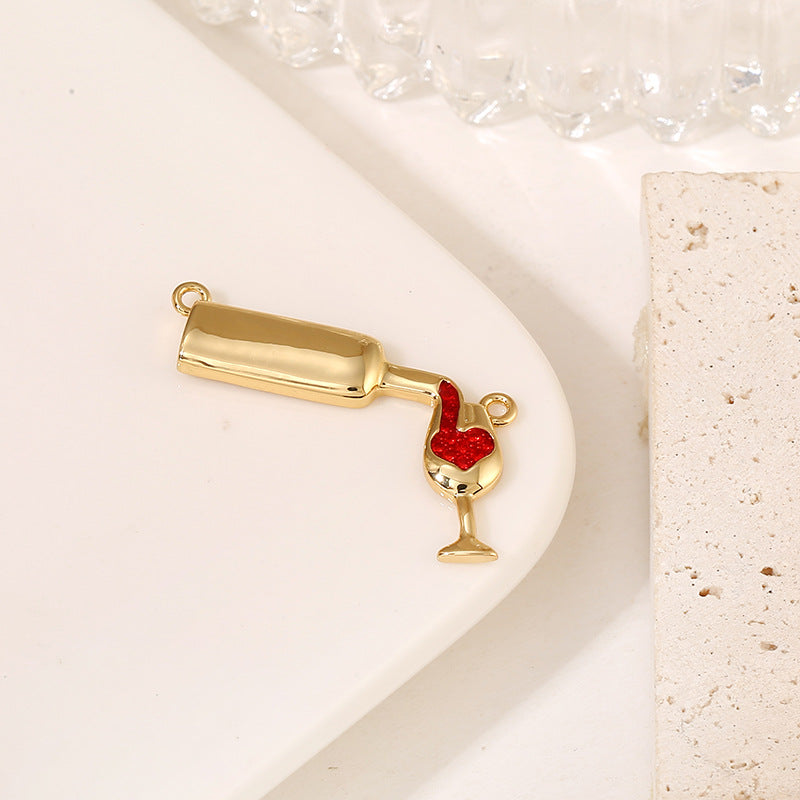 2 Wine Bottle Glass Goblet Charm Pendant Rhinestone Embellished 14K GF