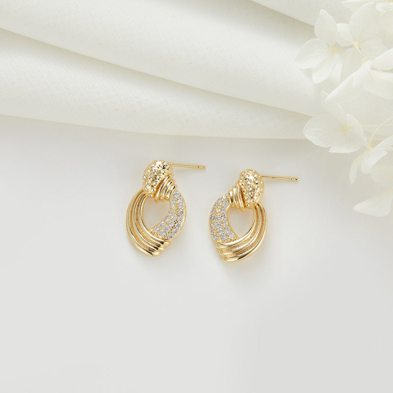 Boucles d'oreilles à tige en forme de cercle ovale, 4 carrés, 14 carats, GF, strass, embellies