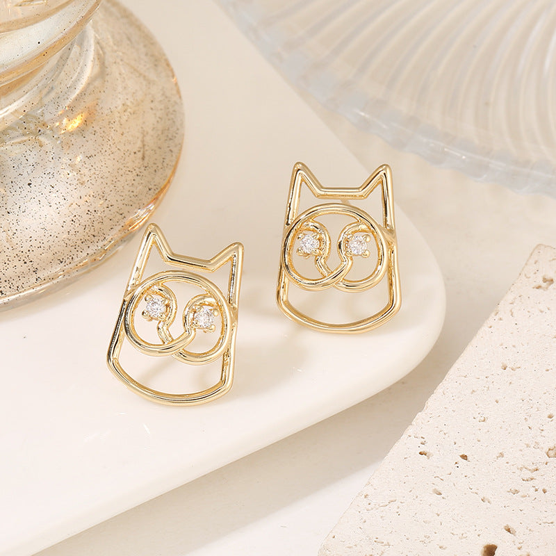 4 halbkreisförmige Schmetterlings-Katzen-Ohrstecker, 14 K GF-Strassverzierung