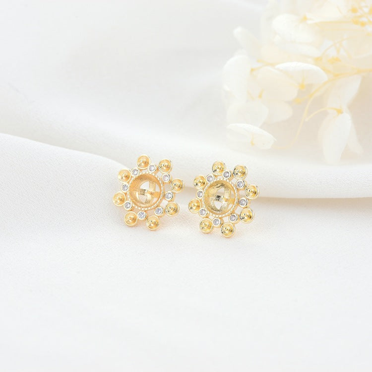 4 Floral Stud Earrings Rhinestone Embellished 14K GF Earing Half Drilled Pearl Bead Blank