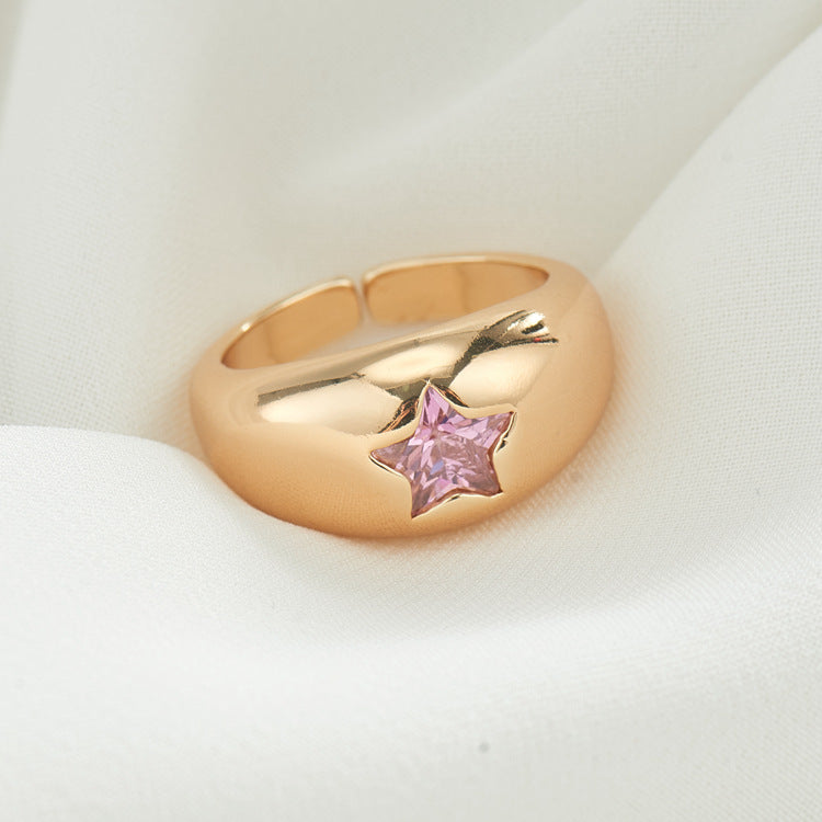 2 Open Circle Star Eye Statement Ring Rhinestone Embellished 14K GF