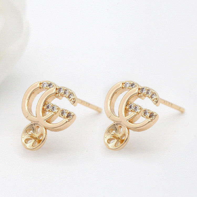 Boucles d'oreilles à tige avec 4 lettres, ornées de strass, 14 carats, GF, perles à moitié percées, vierges