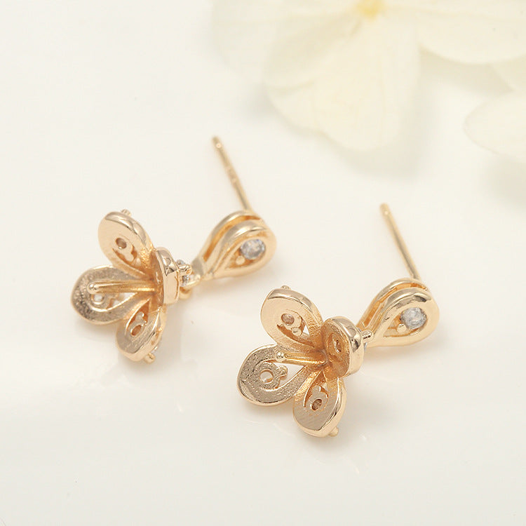 4 Floral Stud Earrings Rhinestone Embellished 14K GF Earing Half Drilled Pearl Bead Blank