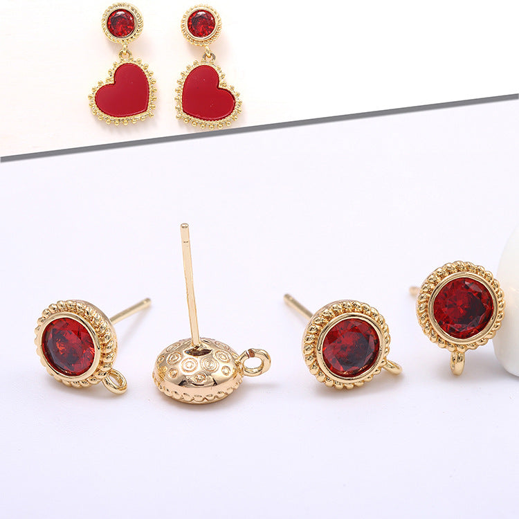 4 Round Stud Earrings with Loop 14K GF Rhinestone Embellished Earing