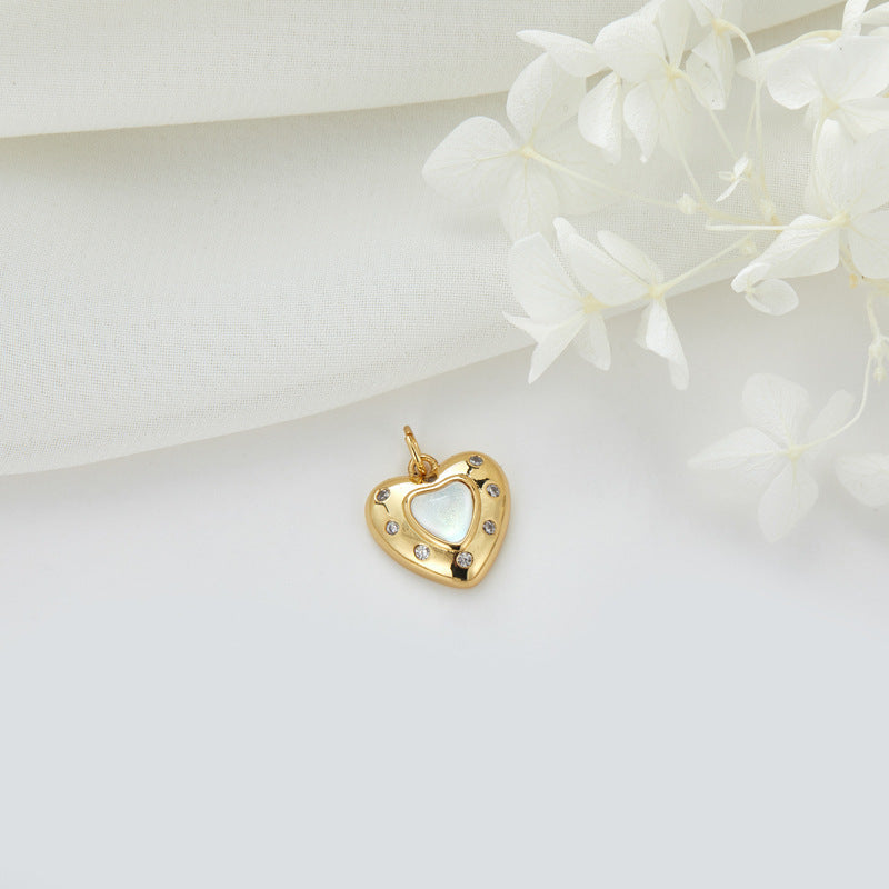 2 Cateye Stone Heart Charm Pendant Rhinestone Embellished 14K GF