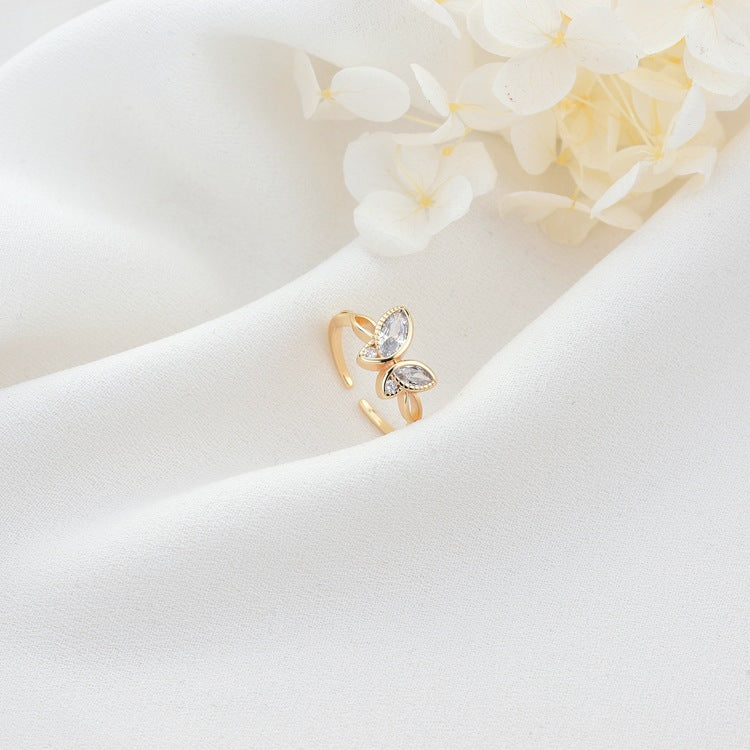2 Statement-Ring mit offenem Kreis, Schmetterlings-Strassverzierung, 14 Karat GF