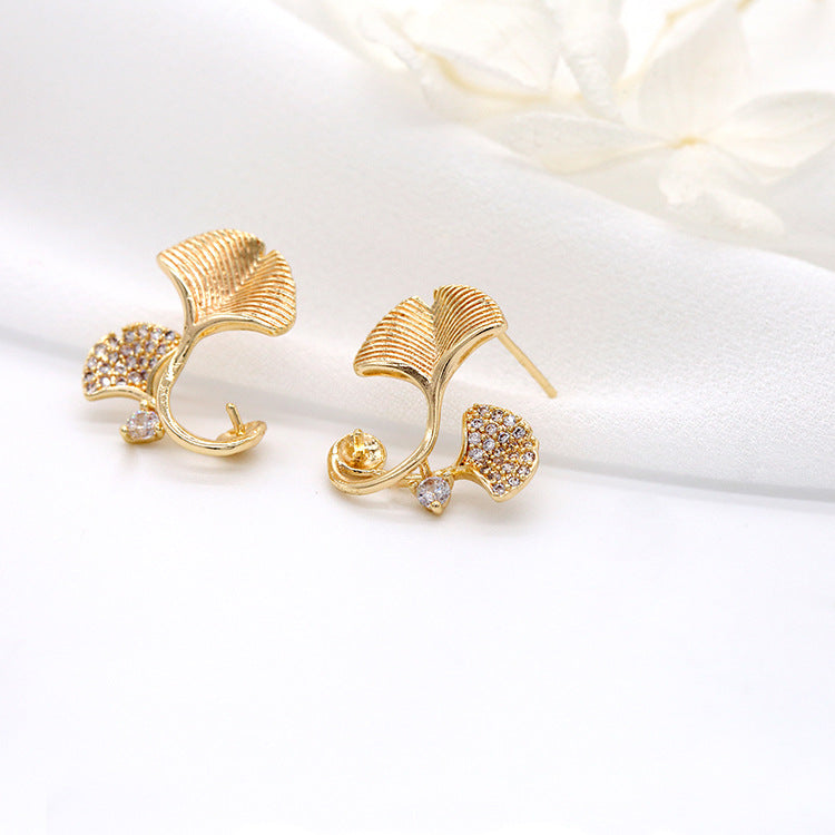 4 boucles d'oreilles à tige en feuille de Ginkgo ornées de strass 14K GF, boucles d'oreilles à moitié percées, perle vierge
