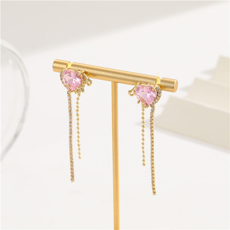 4 quadratische, herzförmige, rechteckige Quasten-Ohrstecker, 14-karätige GF-Strassverzierung