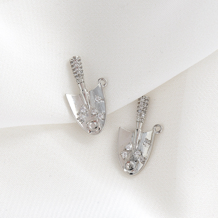2 Shovel Charm Pendant Rhinestone Embellished 14K GF