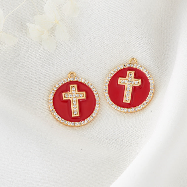 2 Cross Star Charm Pendant Enamel Epoxy 14K GF Rhinestone Embellished