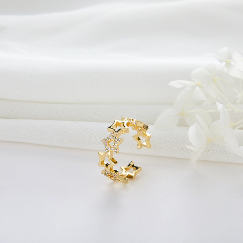 2 Open Circle Star Eye Statement Ring Rhinestone Embellished 14K GF