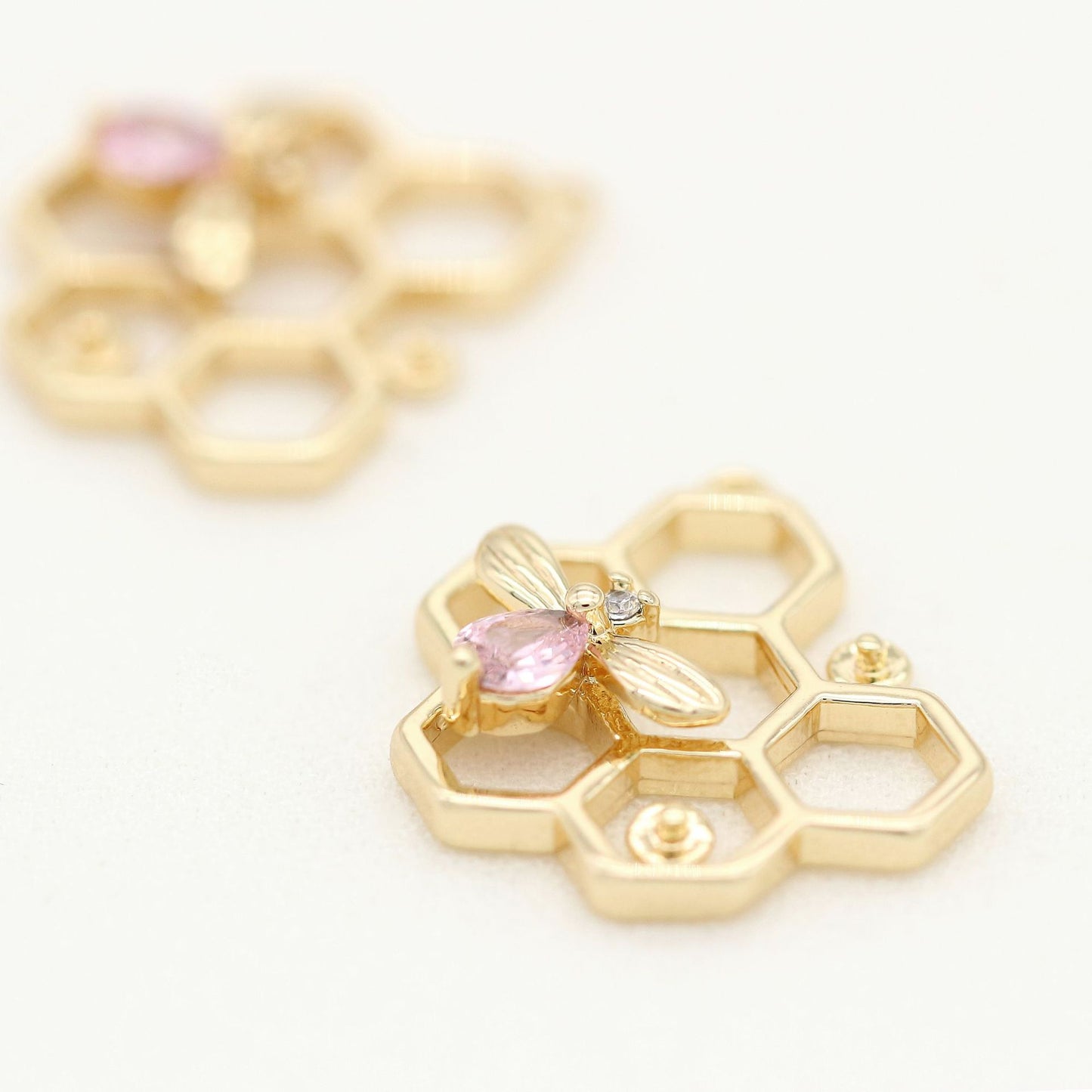 2 pendentif à breloque abeille en nid d'abeille strass embelli 14K GF perle à moitié percée perle vierge