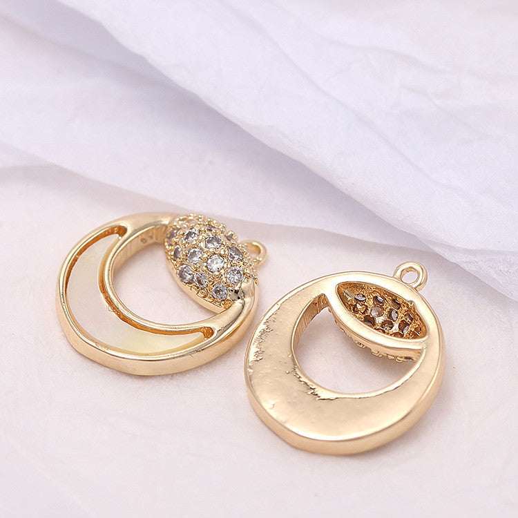 2 Round Moon Charm Pendant Shell Rhinestone Embellished 14K GF
