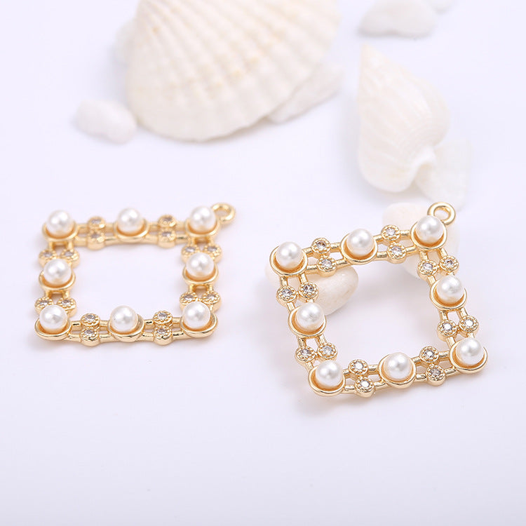2 pendentif à breloque cercle carré creux perle strass embelli 14K GF