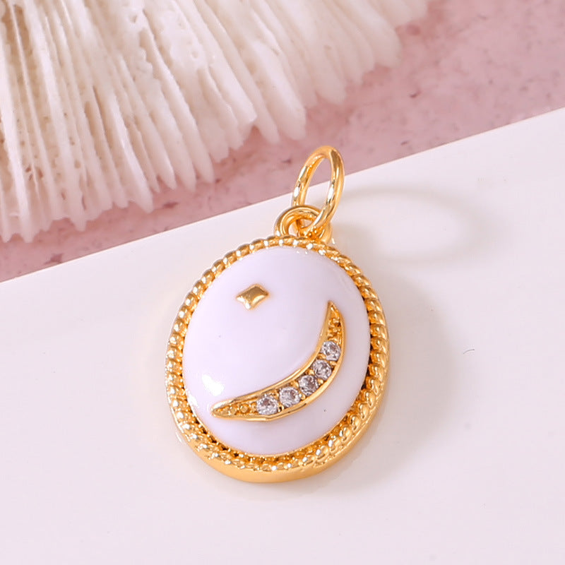 Pendentif à breloque ovale arc-en-ciel 2 lunes en émail époxy 14K GF strass embelli