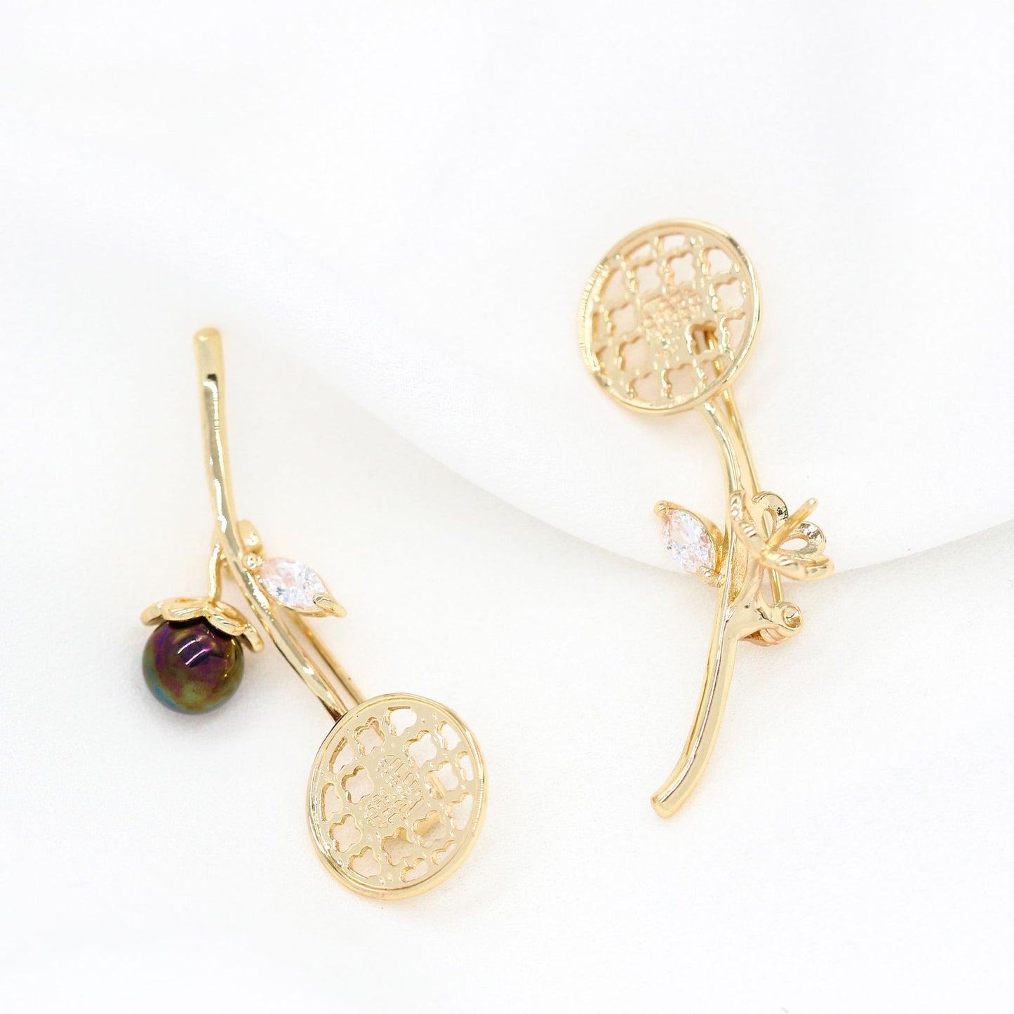 Broche à 5 branches florales 14K GF, strass, dôme rond, réglage de cabochon, perle à moitié percée, vierge