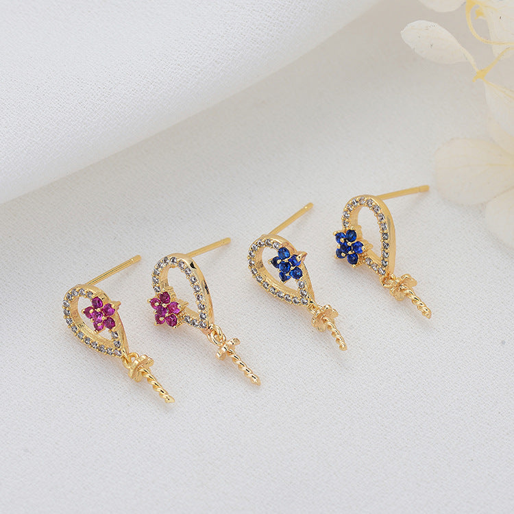 4 Ohrstecker mit Blumenmuster, Strassverzierung, 14-Karat-GF-Ohrring, halbgebohrte Perle, Rohling