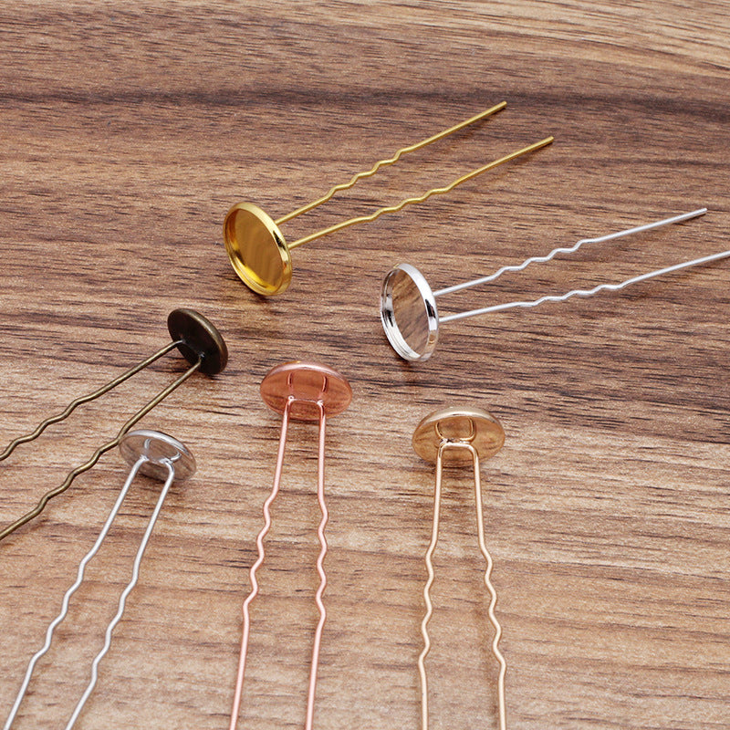 30 Plain Edge Bezel Cup Charm Hair Fork Hairpin 18KGP 10mm 12mm 14mm Round Cabochon Blank Base Gemstone Piece Setting
