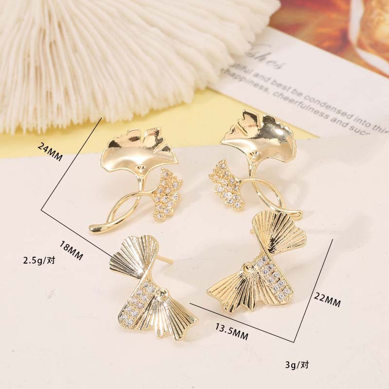 4 boucles d'oreilles à tige en feuille de Ginkgo ornées de strass 14K GF, boucles d'oreilles à moitié percées, perle vierge