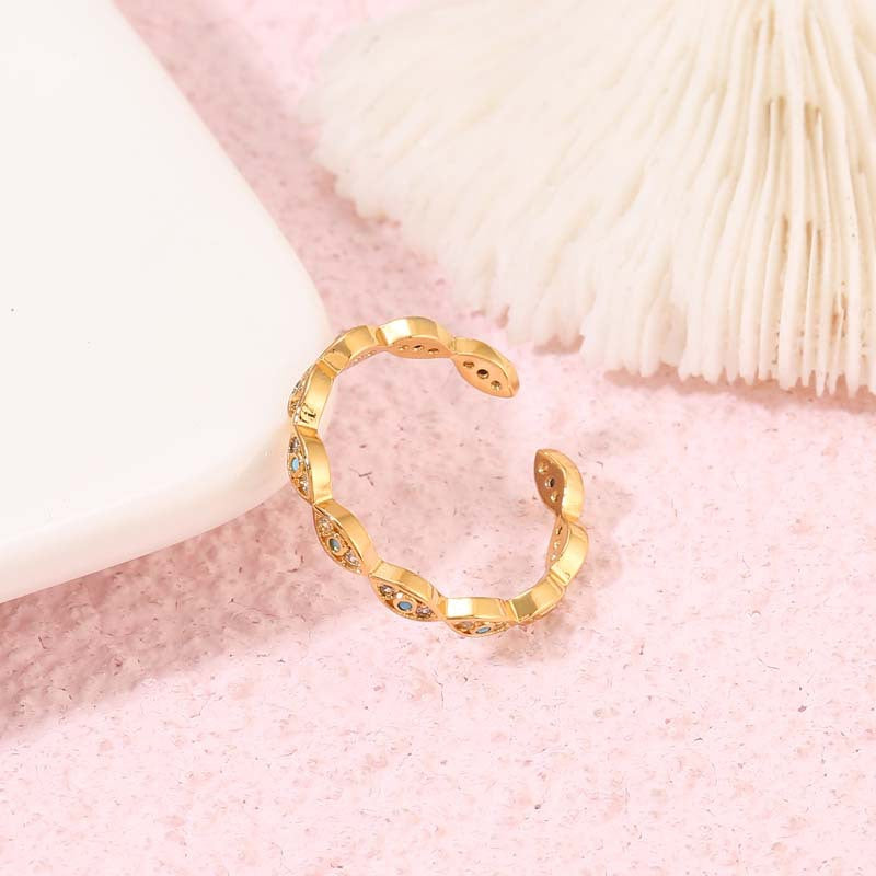2 Statement-Ringe mit offenem Kreis und kleinem Fischauge, mit Strasssteinen verziert, 14K GF