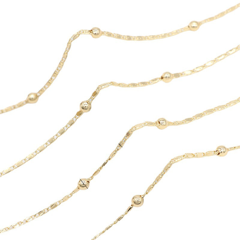 Chaîne fine à maillons plats et perles rondes de 2 mètres, 14K GF