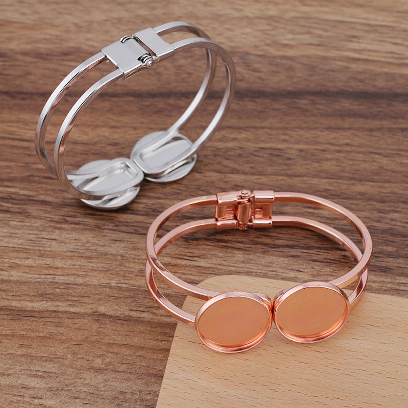 Bracelet circulaire ouvrable à deux rangées de 5 bords unis, 18KGP, Double cabochon rond de 20mm, Base vierge, réglage des pièces de pierres précieuses